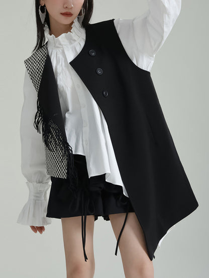 flowersverse Asymmetric Buttoned Houndstooth Ruffle Sleeves Sleeveless Vest Outerwear