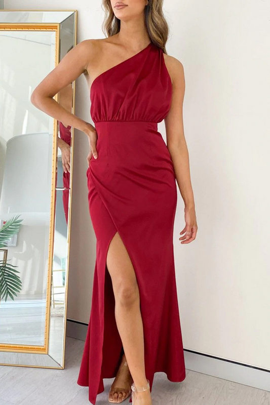 flowersverse Casual Solid Slit One Shoulder Waist Skirt Dresses(3 Colors)