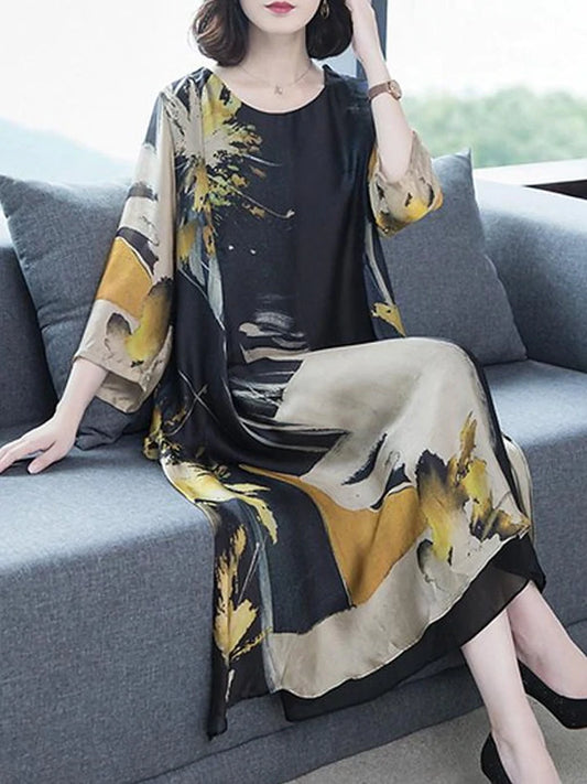 flowersverse Women's Shift Dress Maxi Long Dress - Long Sleeve Geometric Hot Slim Black