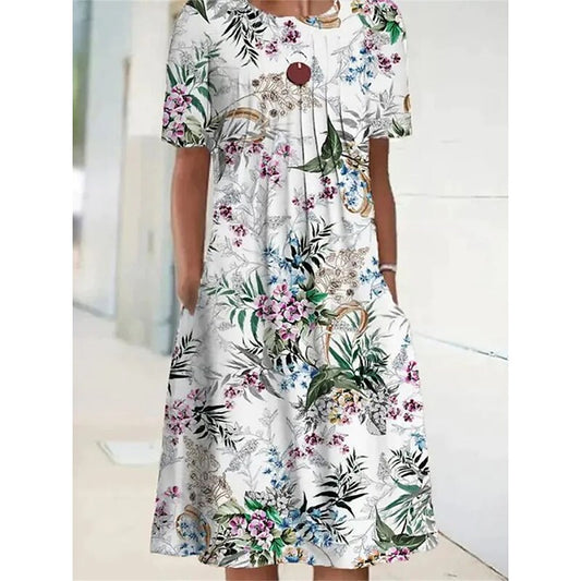 flowersverse Women's Casual Dress Summer Dress Print Dress Floral Ruched Pocket Crew Neck Mini Dress Active Fashion Daily Holiday Short Sleeve Regular Fit White Spring Summer S M L XL XXL