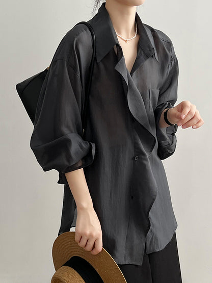 flowersverse Solid Color Irregular clipping Long Sleeves Lapel Blouses&shirts Tops