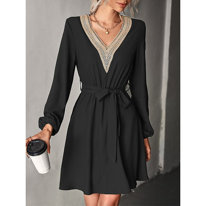 flowersverse Women's Work Dress Black Dress Semi Formal Dress Fashion Mini Dress Lace V Neck Long Sleeve Color Block Loose Fit Black Dark Green Fall Spring S M L XL