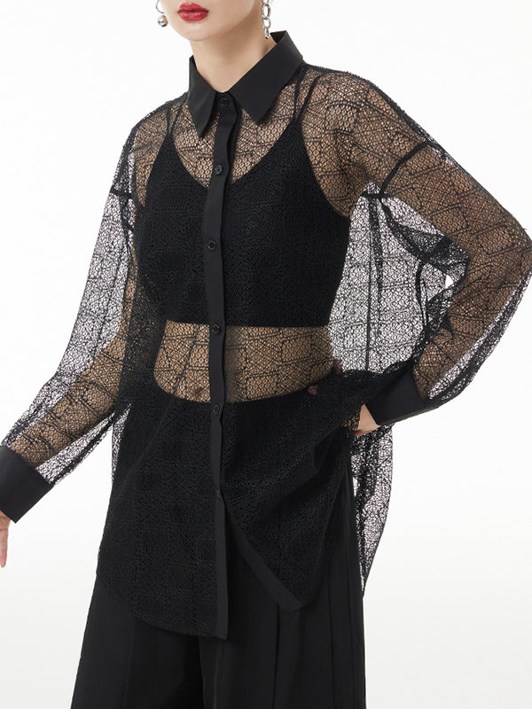 flowersverse Lacy See-Through Solid Color Long Sleeves Loose Lapel Blouses&shirts Tops