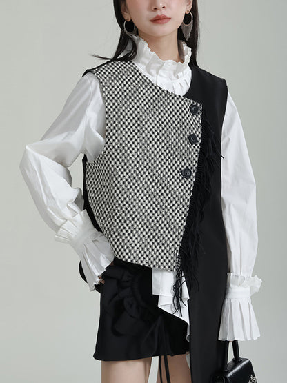 flowersverse Asymmetric Buttoned Houndstooth Ruffle Sleeves Sleeveless Vest Outerwear