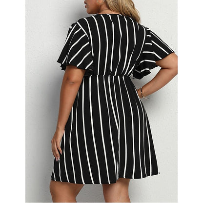 flowersverse Women's Plus Size Casual Dress A Line Dress Stripe Mini Dress Short Sleeve Print V Neck Fashion Outdoor ArmyGreen Black Spring Summer L XL XXL 3XL 4XL