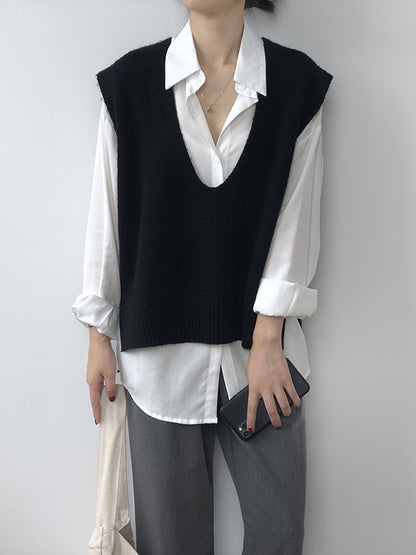 flowersverse Knitting Irregularity Solid V-Neck Vest