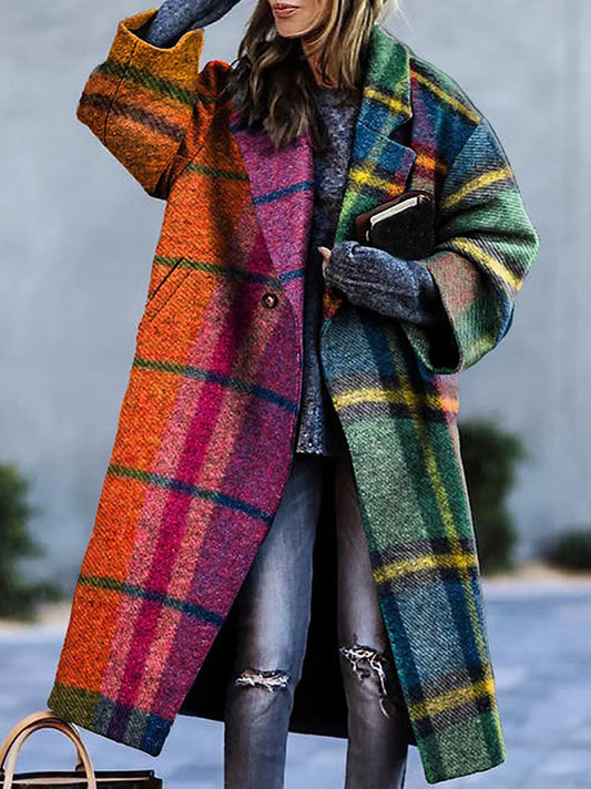 flowersverse Plaid Split-Joint Long Sleeves Loose Lapel Woolen Coat Outerwear