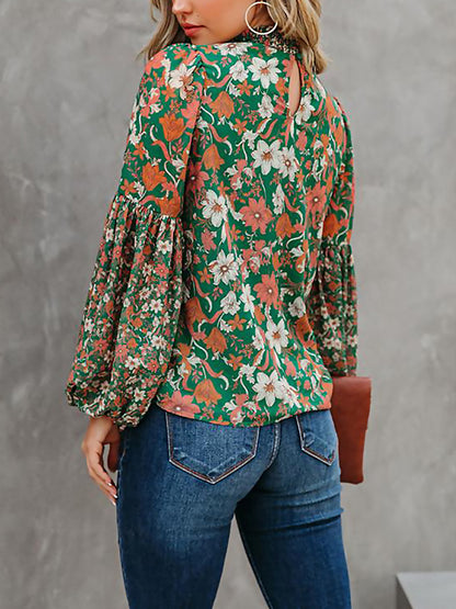 flowersverse Bohemia Loose Puff Sleeves Floral Printed Shirt Top