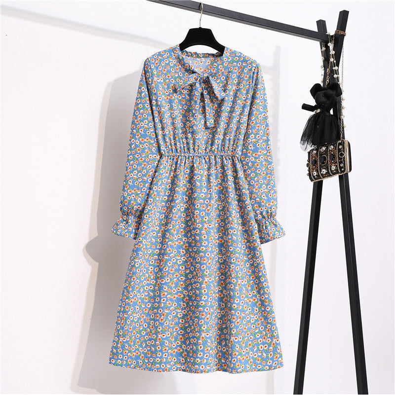 flowersverse Autumn Winter Ladies Chiffon High Elastic Waist Women Bow Aline Full Sleeve Flower Print Floral Party Dress Female Vestido