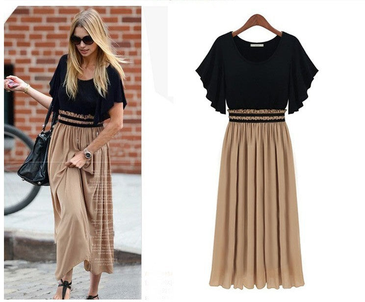 flowersverse Chiffon Stitching Color Long Skirt Large Swing Plus Size Women's Dress