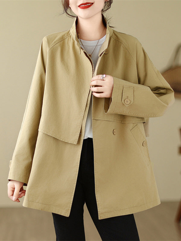 flowersverse Asymmetric Buttoned Pockets Solid Color Split-Joint Long Sleeves Loose Stand Collar Trench Coats Outerwear