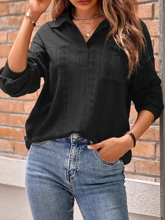 flowersverse Pockets Solid Color Split-Joint Long Sleeves Loose Lapel Blouses&shirts Tops