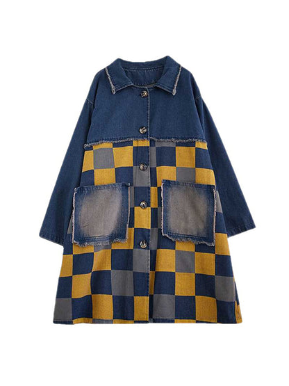 flowersverse Buttoned Fringed Plaid Pockets Split-Joint Long Sleeves Loose Notched Collar Denim Outerwear