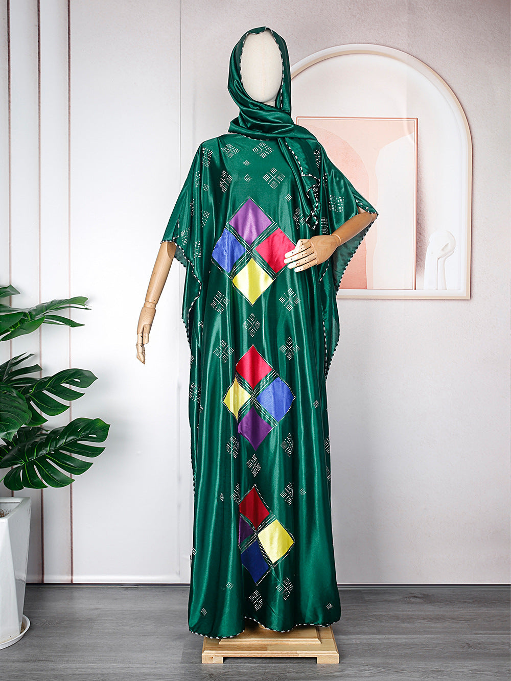 flowersverse Muslim Robe Africa Plus Size Women's Beaded Dress With Hijab