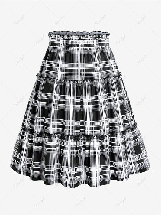 flowersverse Plus Size Plaid Ruffle Midi A Line Skirt