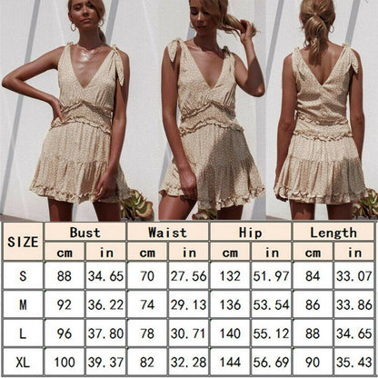 flowersverse Women Summer Boho Casual Sleeveless Sexy Ladies Deep V-Neck Falbala Party Casual Beach Mini Dress Sundress