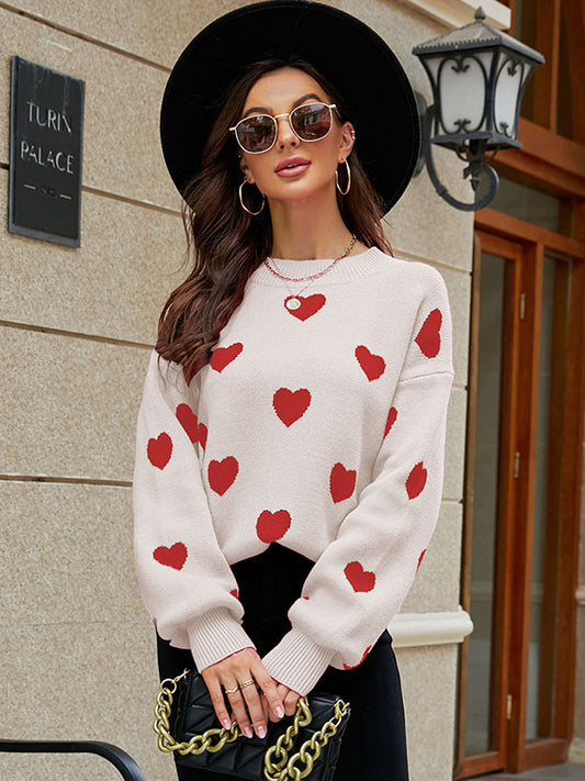 flowersverse Casual Puff Sleeves Loose Heart Shape Sweater Top