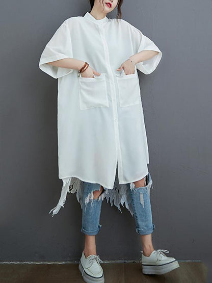 flowersverse Loose Split-Joint Hollow Solid Long Blouse