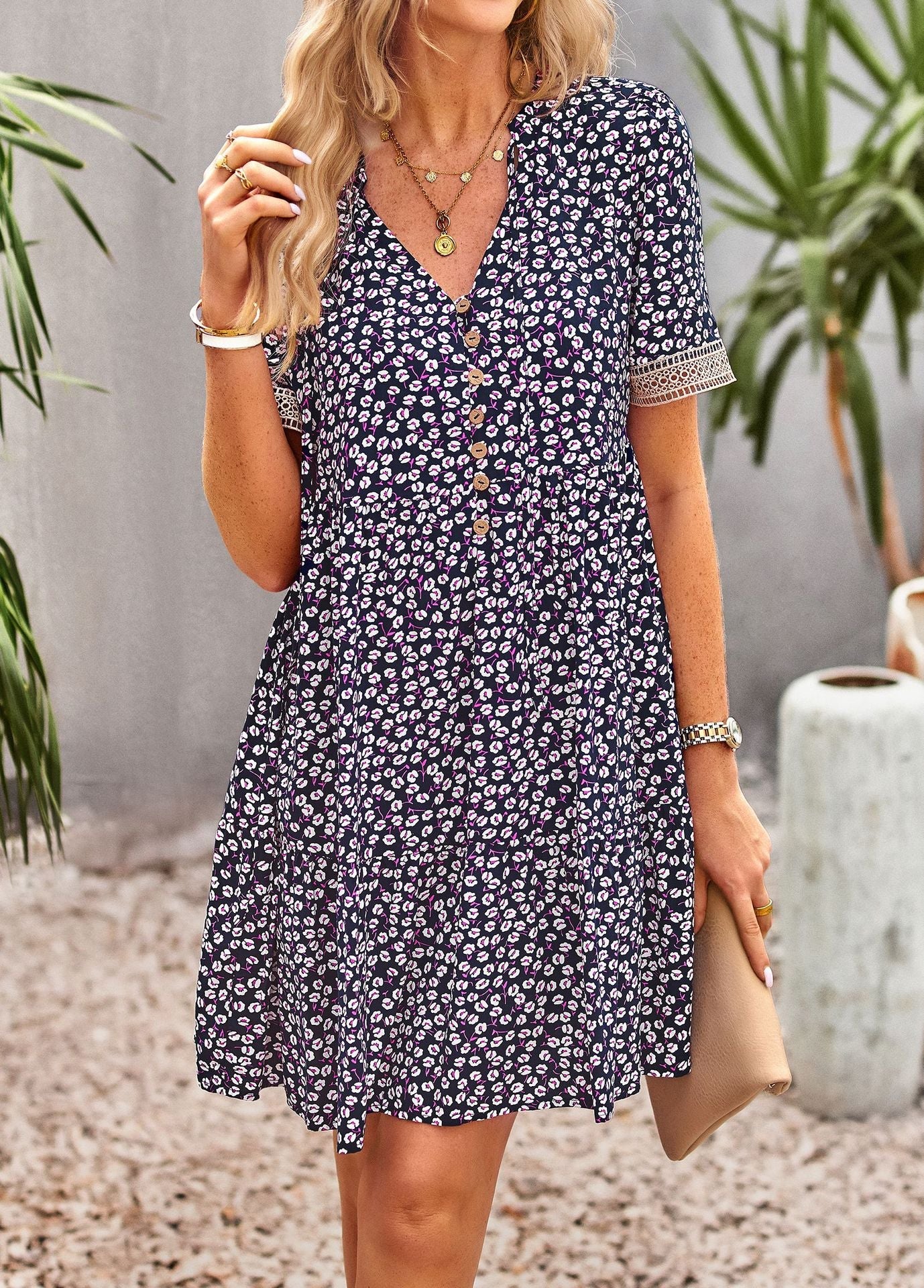 flowersverse Floral Buttoned Puff Sleeve Dress