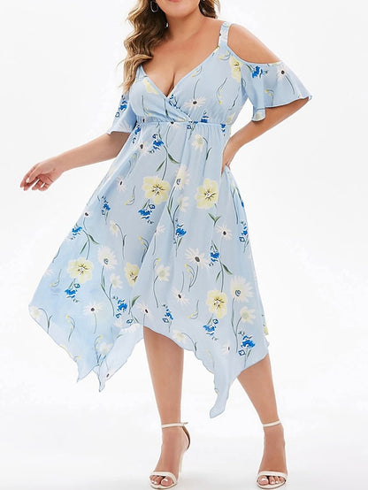 flowersverse Women's Plus Size Casual Dress Swing Dress Floral Dress Floral Midi Dress Short Sleeve Asymmetric Print V Neck Fashion Holiday Wine Navy Blue Spring Summer XL XXL 3XL 4XL 5XL