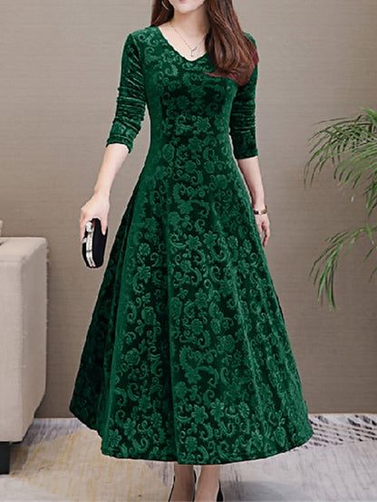 flowersverse Women's A Line Dress Knee Length Dress Green Black Red Long Sleeve Floral Jacquard Fall Spring V Neck Elegant Vintage Party Slim  M L XL XXL 3XL