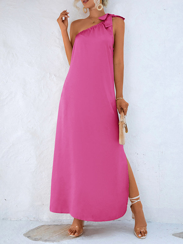 flowersverse Loose Sleeveless Solid Color One-Shoulder Maxi Dresses