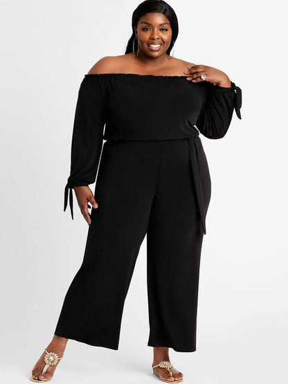 flowersverse Plus Size Off Shoulder Long Sleeve Long Pants Jumpsuits