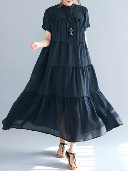 flowersverse Vintage Loose Split-Joint Pleated Short Sleeves Round-Neck Midi Dress