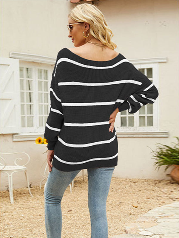 flowersverse Long Sleeves Striped Off-The-Shoulder Sweater Tops