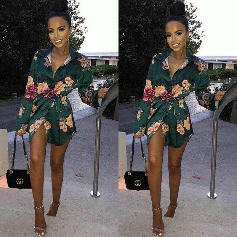 flowersverse Women Silk Satin Shirt Dress Print Floral Loose Short Party Mini Dress