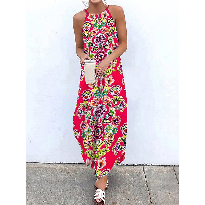 flowersverse Women's Casual Dress Shift Dress Slip Dress Long Dress Maxi Dress Wine Red Khaki Sleeveless Floral Print Winter Fall Spring Spaghetti Strap Fashion Daily  S M L XL XXL 3XL