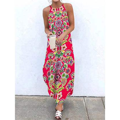 flowersverse Women's Casual Dress Shift Dress Slip Dress Long Dress Maxi Dress Wine Red Khaki Sleeveless Floral Print Winter Fall Spring Spaghetti Strap Fashion Daily  S M L XL XXL 3XL