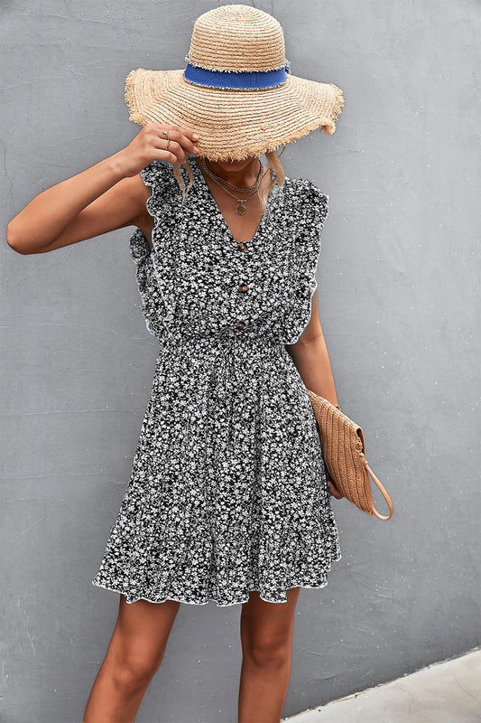 flowersverse Ditsy Floral Ruffled V-Neck Dress