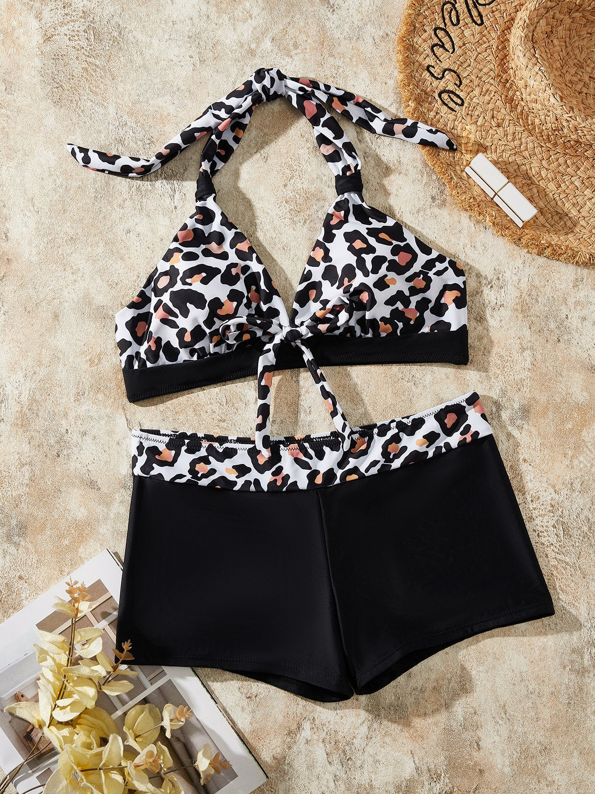 flowersverse Casual Leopard Printing Halter Bikinis Two-Piece Set