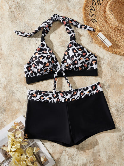 flowersverse Casual Leopard Printing Halter Bikinis Two-Piece Set