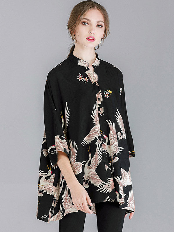 flowersverse Original Crane Printed Buttoned Stand Collar Half Sleeves Blouse