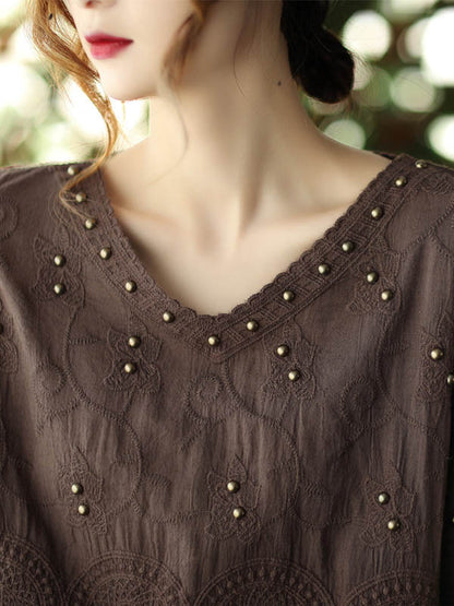 flowersverse Black&Coffee Lacy Hollow V-Neck Long Sleeve Shirts