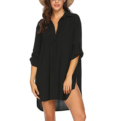 flowersverse Women's Shirt Dress Cover Up Beach Wear Mini Dress Pocket Split Basic Casual Plain Turndown 3/4 Length Sleeve Loose Fit Outdoor Daily Black  Summer Spring S M L XL