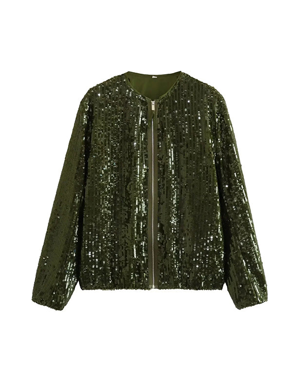 flowersverse Sequined Zipper Loose Puff Sleeves Round-Neck Outerwear Jackets