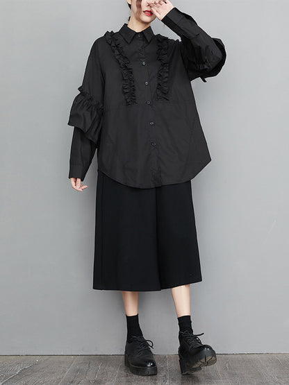 flowersverse Casual Loose Long Sleeves Buttoned Ruffled Solid Color Lapel Collar Blouses&Shirts Tops