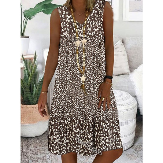 flowersverse Women's Casual Dress Shift Dress Midi Dress Brown Sleeveless Floral Print Spring Summer V Neck Basic Daily Weekend  S M L XL XXL 3XL