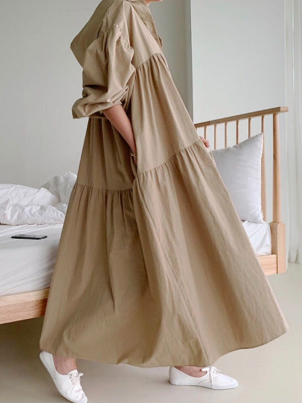 flowersverse Urban Solid Color Pleated Long Sleeves Hooded Midi Dress