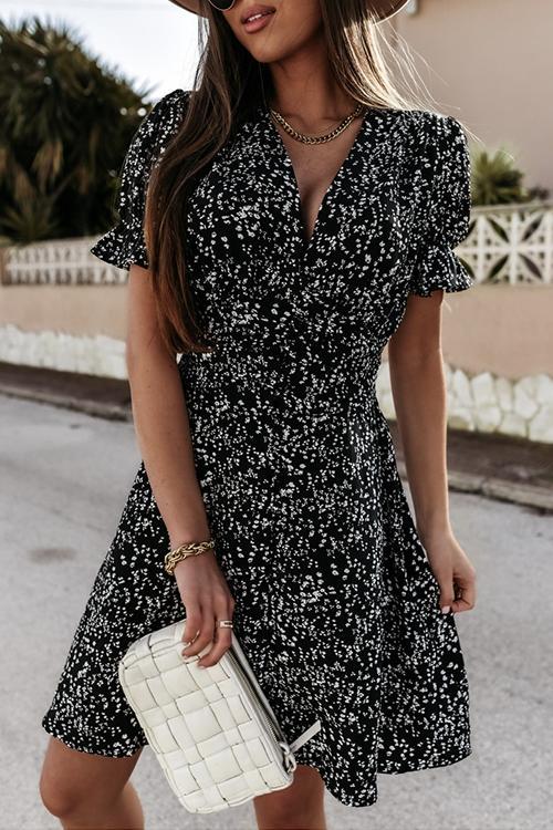 flowersverse Floral Print Button Puff Sleeve Mini Dress