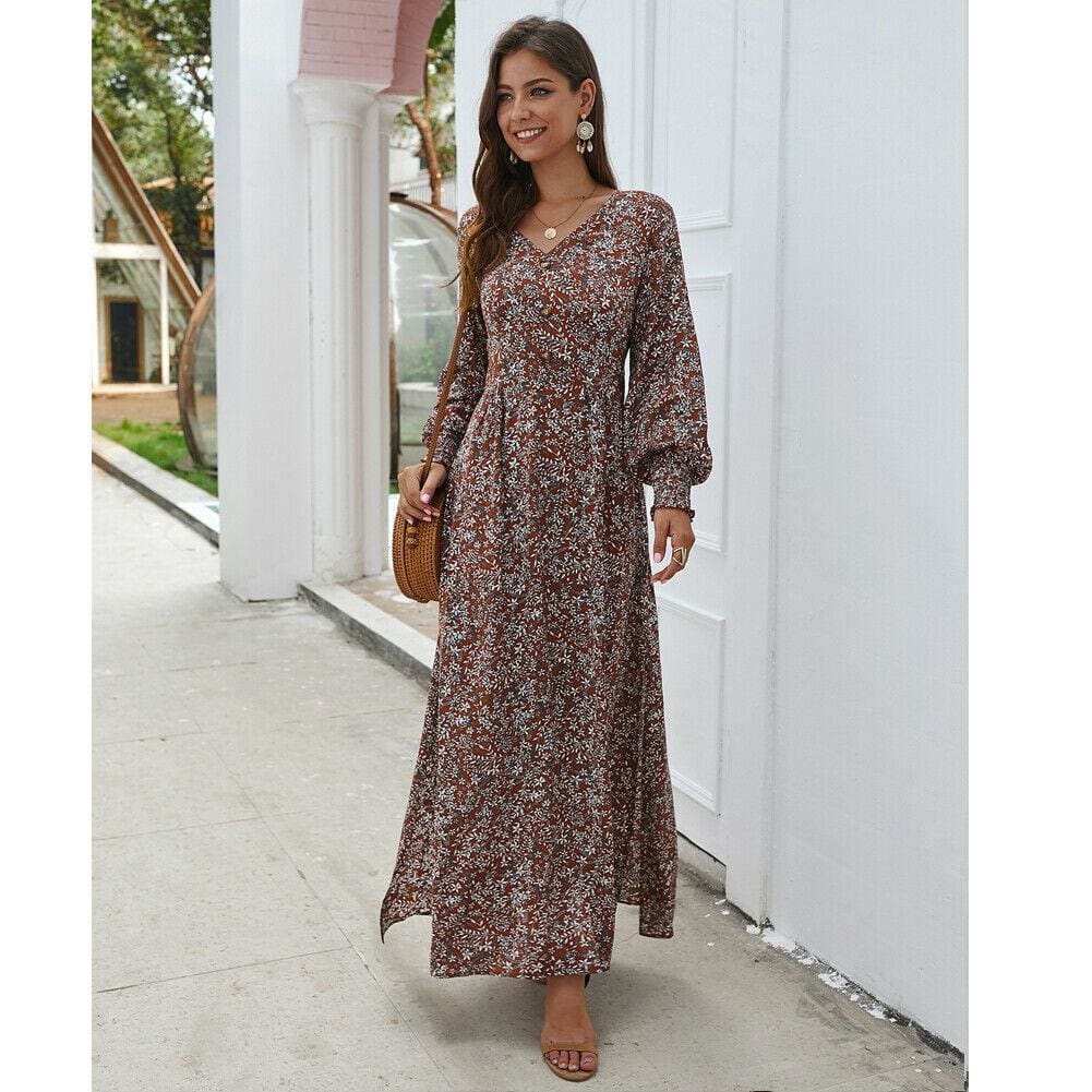 flowersverse Women Ladies Long Lantern Sleeve Autumn Dress Floral Autumn Pre-fall Holiday Buttons Maxi Dress