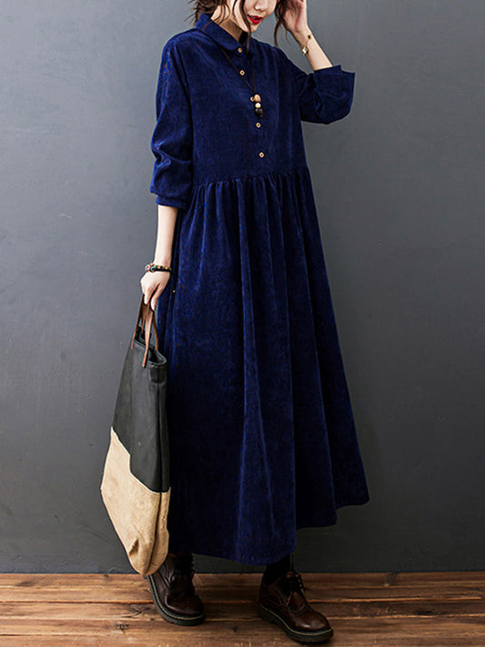 flowersverse Vintage Split-Joint Solid Color Long Sleeves Lapel A-Line Corduroy Midi Dress