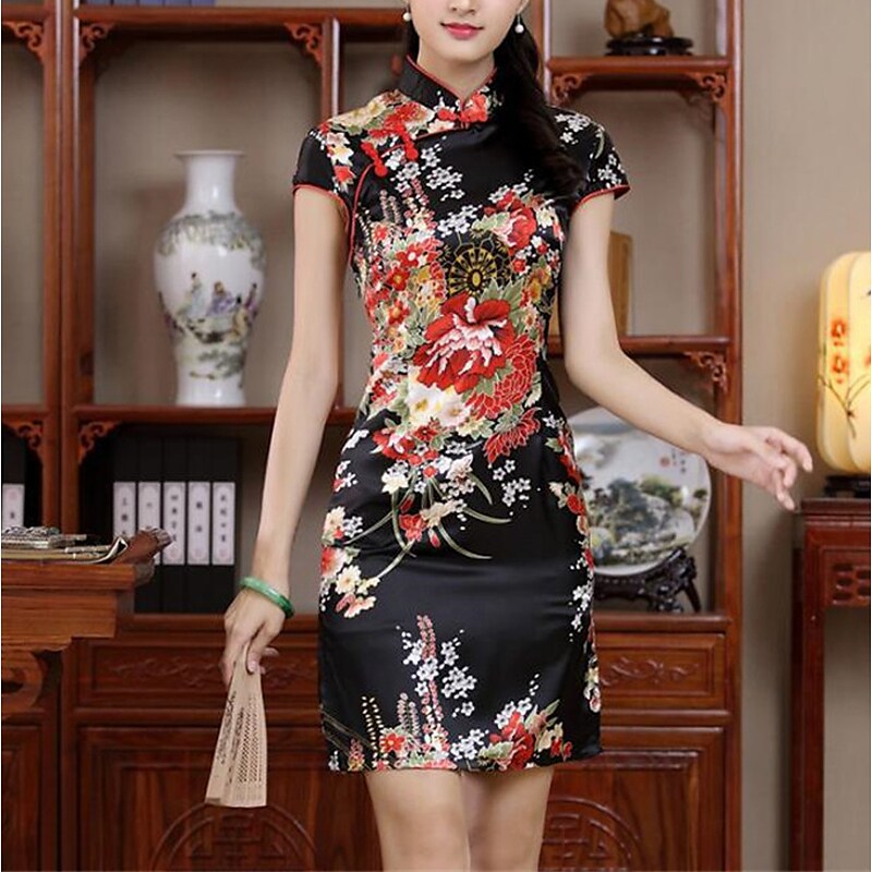 flowersverse Women's Semi Formal Dress Sheath Dress Cheongsam Dress Mini Dress Black White Red Short Sleeve Floral Split Summer Spring Mandarin Collar Elegant Wedding Guest Spring Dress Slim  S M L XL XXL