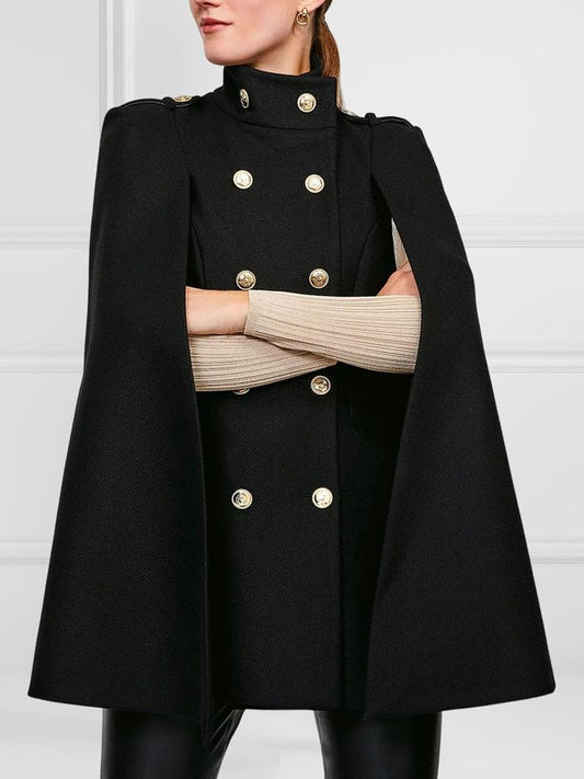flowersverse Loose Buttoned Solid Color Stand Collar Woolen Coat Cape Coats
