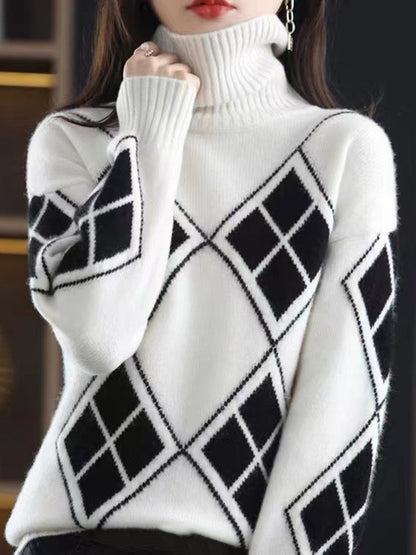 flowersverse Casual Long Sleeves Loose Plaid High-Neck Sweater Tops