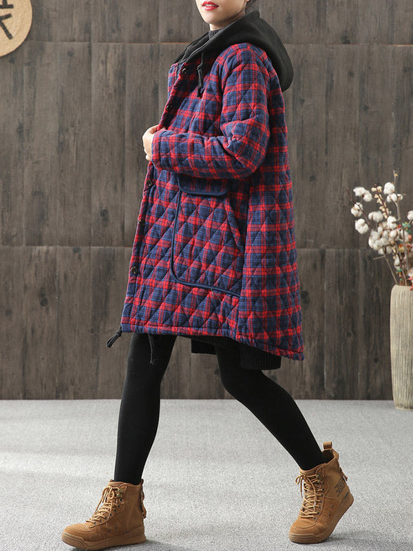 flowersverse Vintage Loose Plaid Quilted Hooded Padded Coat