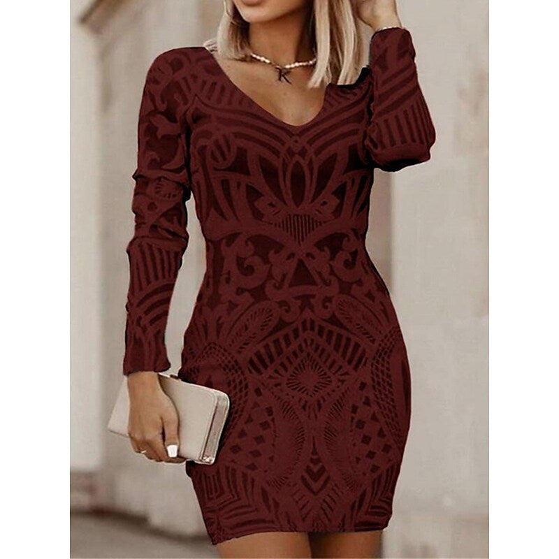 flowersverse Women's Work Dress Sheath Dress Semi Formal Dress Fashion Mini Dress Print V Neck Long Sleeve Floral Geometric Regular Fit Black White Wine Fall Spring S M L XL XXL